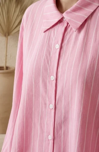 Gestreepte Modal Shirtkraag Hijab Tweedelige Set 0328-08 Roze 0328-08