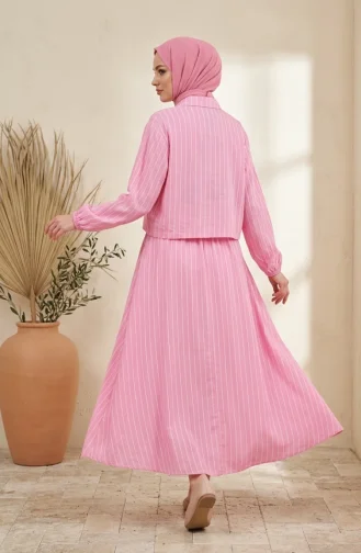Gestreepte Modal Shirtkraag Hijab Tweedelige Set 0328-08 Roze 0328-08