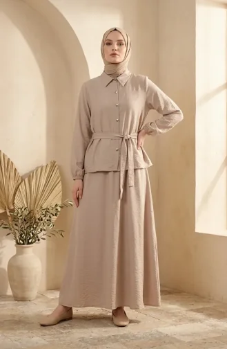 Tweedelig Hijab-set Met Overhemdkraag Knoopsluiting En Riem 0330-02 Nerts 0330-02