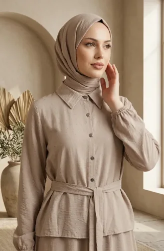 Tweedelig Hijab-set Met Overhemdkraag Knoopsluiting En Riem 0330-02 Nerts 0330-02