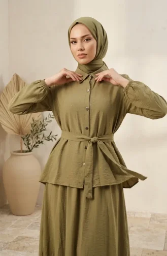 Tweedelig Hijab-set Met Overhemdkraag Knoopsluiting En Riem 0330-03 Khaki 0330-03