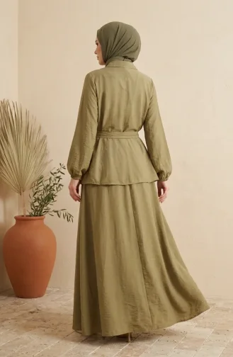 Tweedelig Hijab-set Met Overhemdkraag Knoopsluiting En Riem 0330-03 Khaki 0330-03