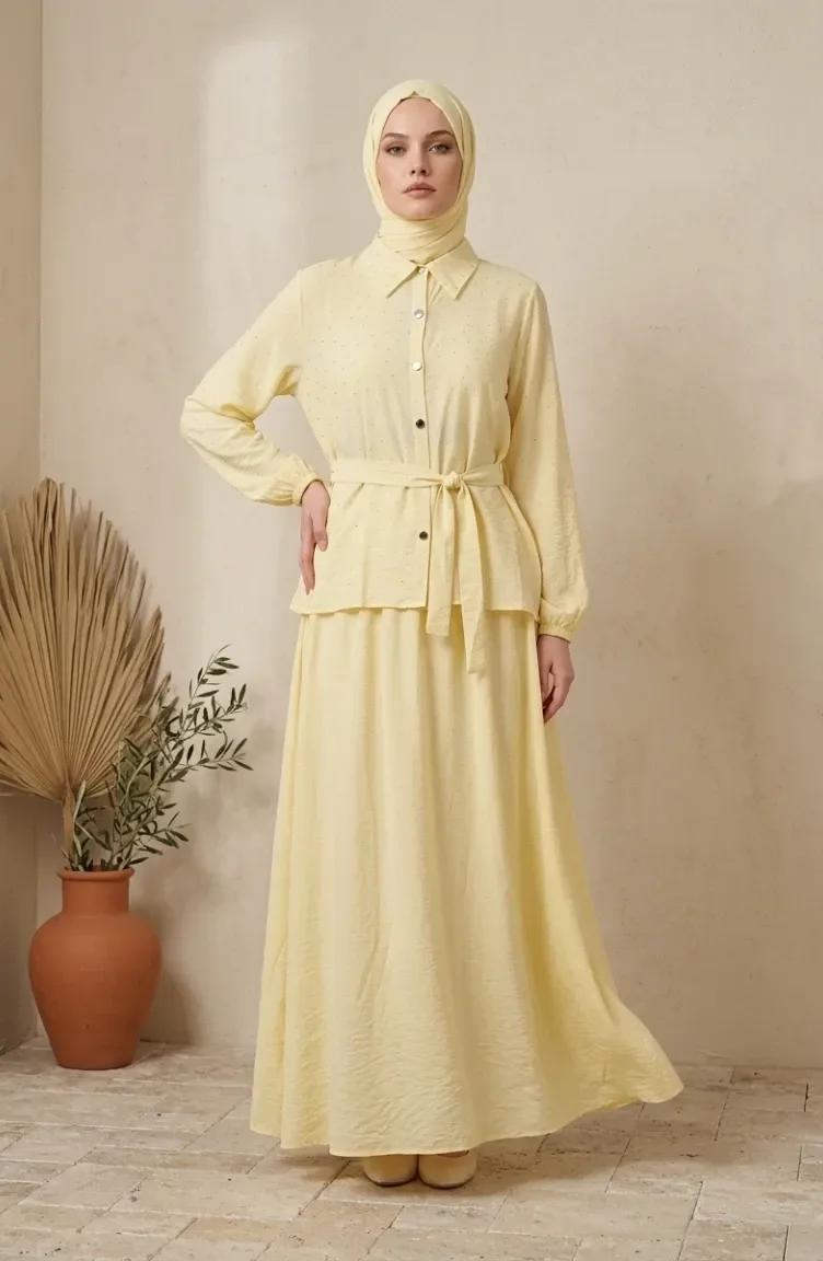 Tweedelig Hijab-set Met Overhemdkraag Knoopsluiting En Riem 0330-05 Geel 0330-05