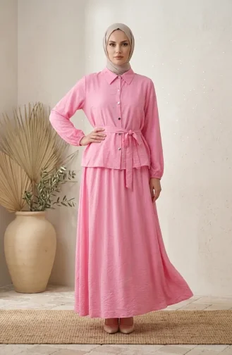 Tweedelig Hijab-set Met Overhemdkraag Knoopsluiting En Riem 0330-06 Roze 0330-06
