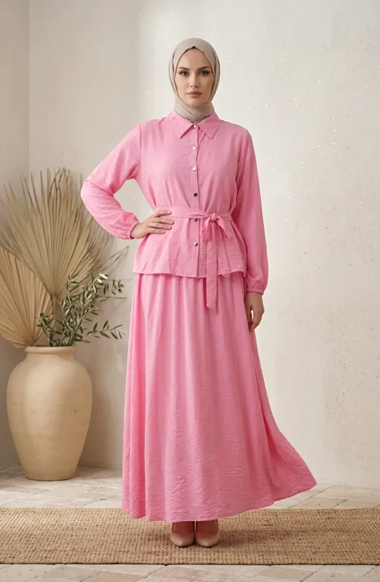 Tweedelig Hijab-set Met Overhemdkraag Knoopsluiting En Riem 0330-06 Roze 0330-06