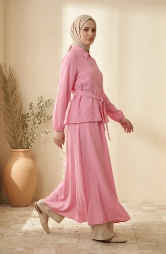 Tweedelig Hijab-set Met Overhemdkraag Knoopsluiting En Riem 0330-06 Roze 0330-06