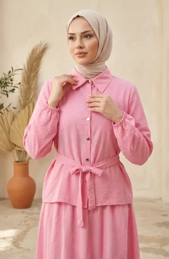 Tweedelig Hijab-set Met Overhemdkraag Knoopsluiting En Riem 0330-06 Roze 0330-06