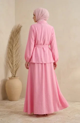 Tweedelig Hijab-set Met Overhemdkraag Knoopsluiting En Riem 0330-06 Roze 0330-06