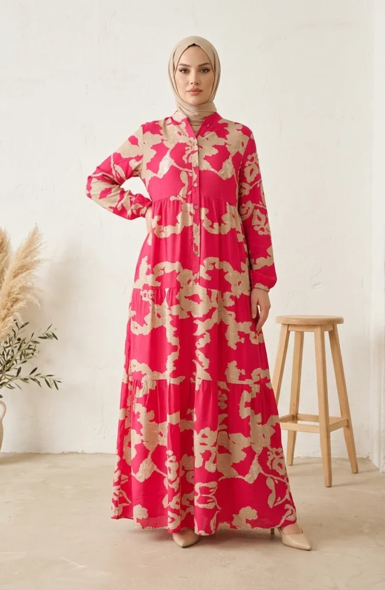 Robe Hijab à Motifs En Viscose 4123-01 Fuchsia 4123-01