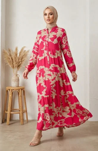 Robe Hijab à Motifs En Viscose 4123-01 Fuchsia 4123-01