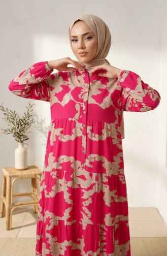 Robe Hijab à Motifs En Viscose 4123-01 Fuchsia 4123-01