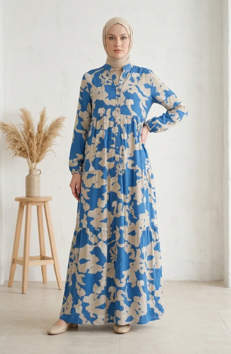 Robe Hijab à Motifs En Viscose 4123-02 Indigo 4123-02