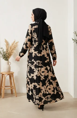 فستان حجاب منقوش من قماش الفسكوز 4123-03 أسود 4123-03