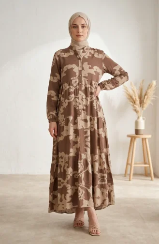 Robe Hijab à Motifs En Viscose 4123-04 Marron 4123-04