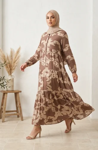 Robe Hijab à Motifs En Viscose 4123-04 Marron 4123-04