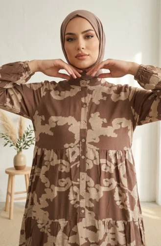 Robe Hijab à Motifs En Viscose 4123-04 Marron 4123-04
