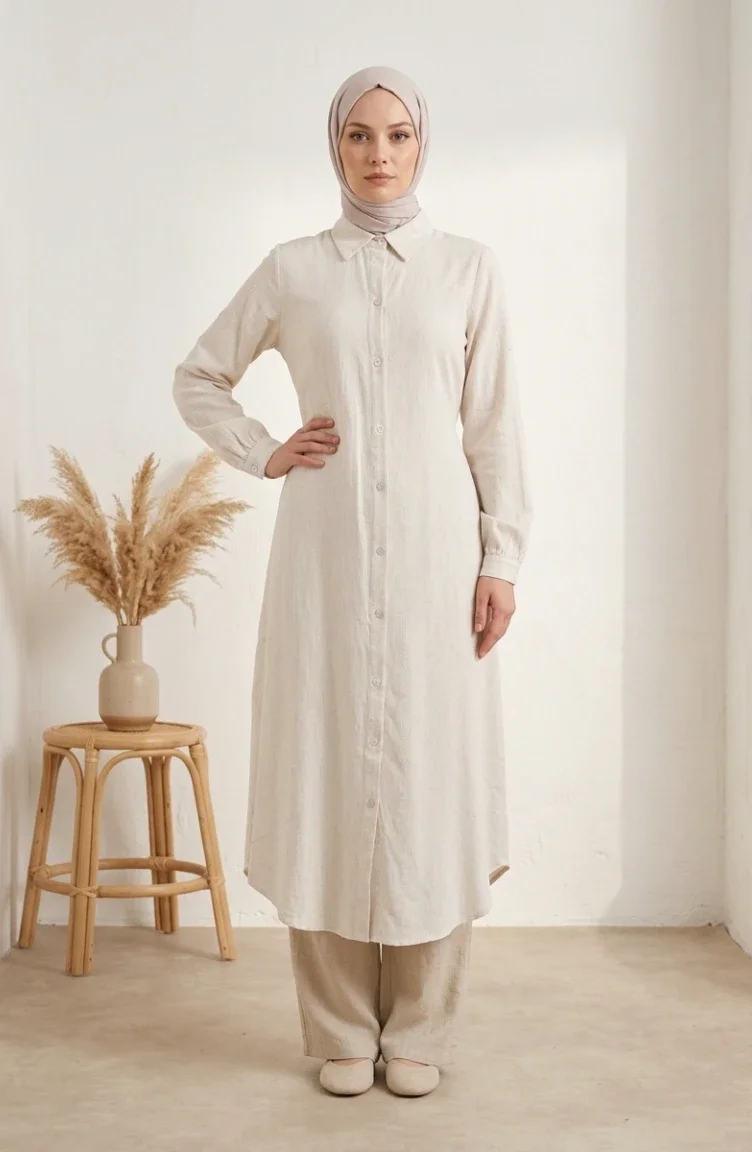 Full-Length Buttoned Striped Linen Tunic 0331-03 Cream 0331-03