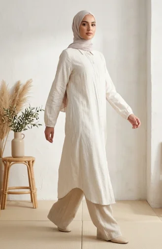Full-Length Buttoned Striped Linen Tunic 0331-03 Cream 0331-03