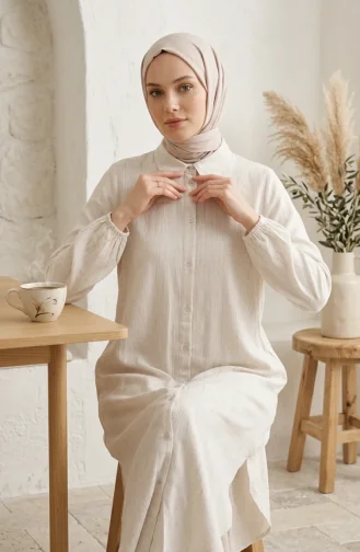 Full-Length Buttoned Striped Linen Tunic 0331-03 Cream 0331-03