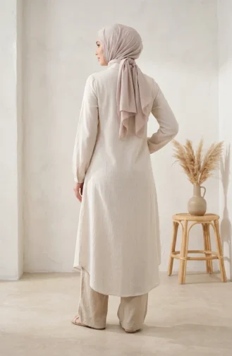 Full-Length Buttoned Striped Linen Tunic 0331-03 Cream 0331-03