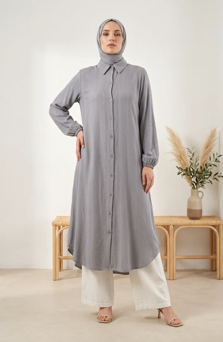Tunique Boutonnée En Lin Rayé 0331-05 Gris 0331-05