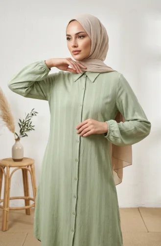 تونيك كتان مخطط بأزرار بطول كامل 0331-07 كاكي 0331-07