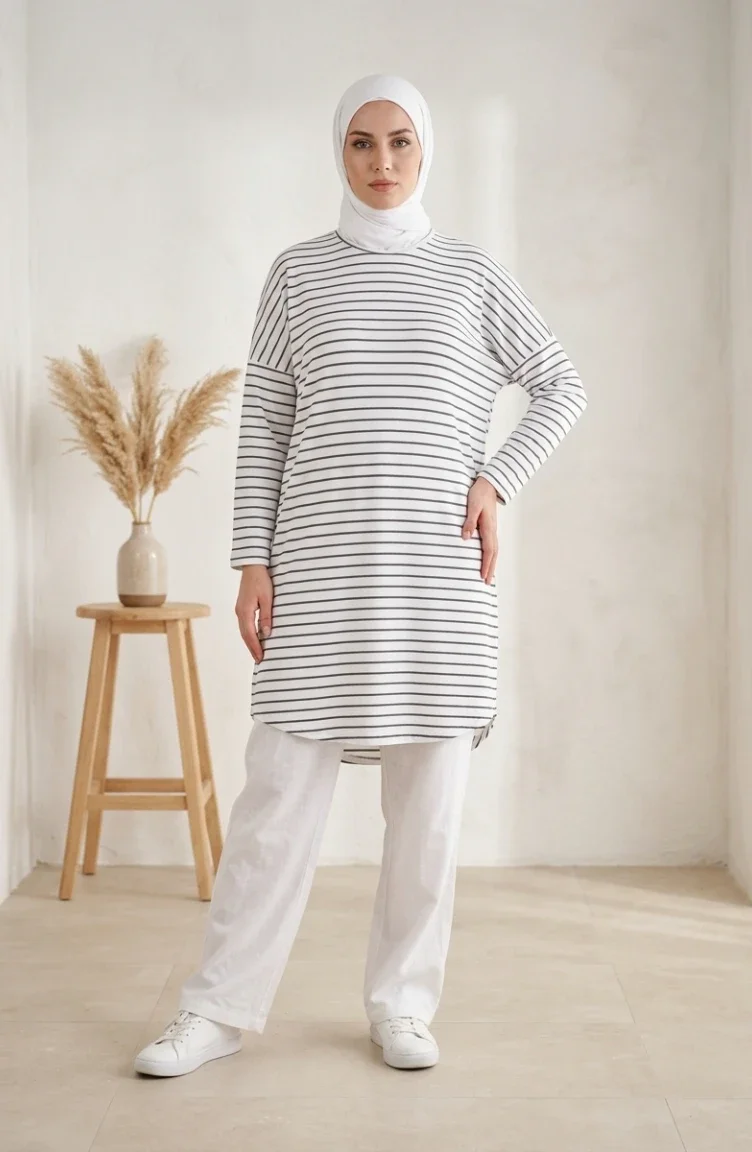Tunique Rayée Grande Taille Coupe Décontractée De Saison Opaque Référence 8774-01 Blanc Anthracite 8774-01
