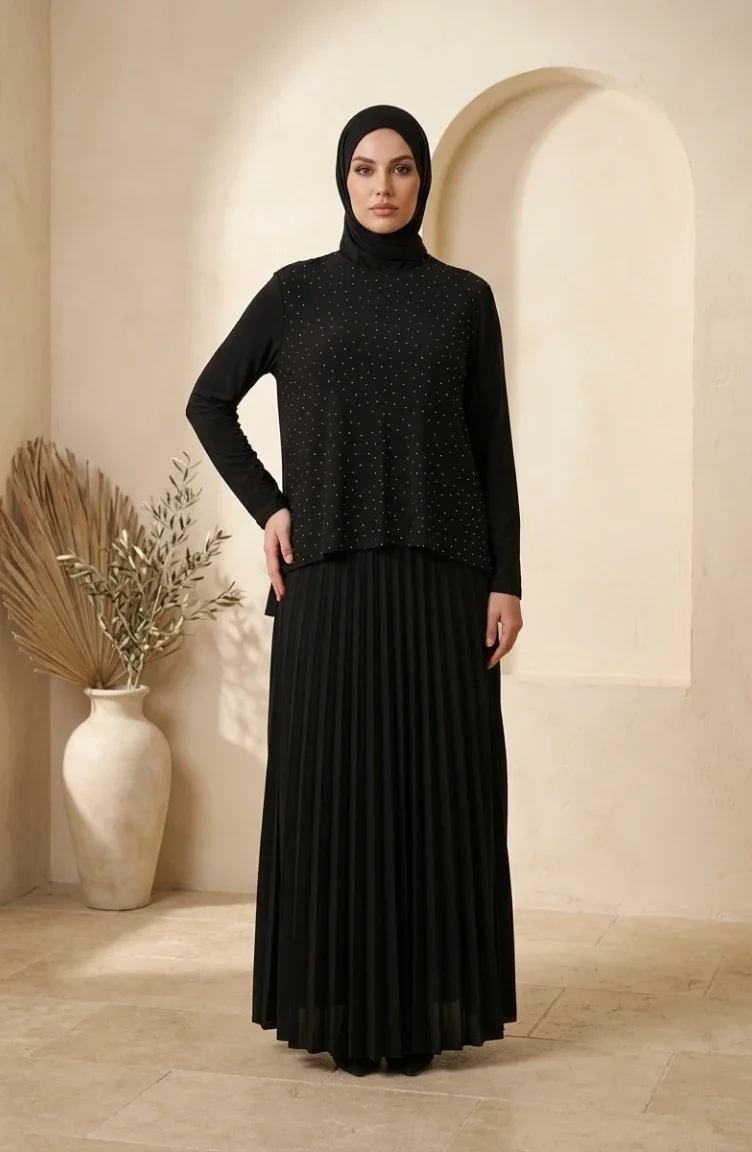 Ensemble Deux Pièces Sandy Fabric : Chemisier Jupe Et Hijab Noir Référence 5583-01 5583-01