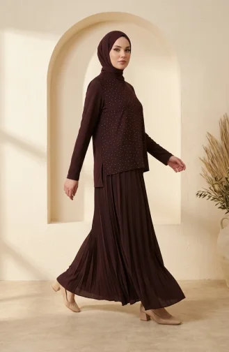 Ensemble Deux Pièces Sandy Fabric : Chemisier Jupe Et Hijab Marron Référence 5583-02 5583-02