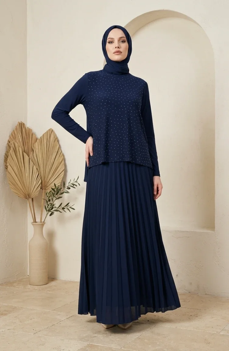 Ensemble Deux Pièces Sandy Fabric : Chemisier Jupe Et Hijab Bleu Marine Référence 5583-03 5583-03
