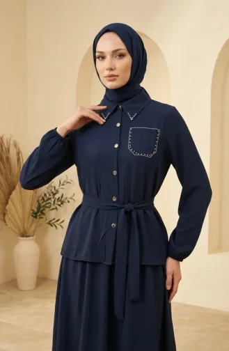 طقم حجاب من قطعتين مزين بأزرار وتفاصيل حجرية، لون كحلي، رقم الموديل 0329-04 0329-04