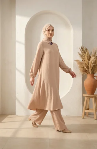 طقم تونيك وبنطال من قماش أيروبين، قطعتين، 4142-12، لون المنك 4142-12