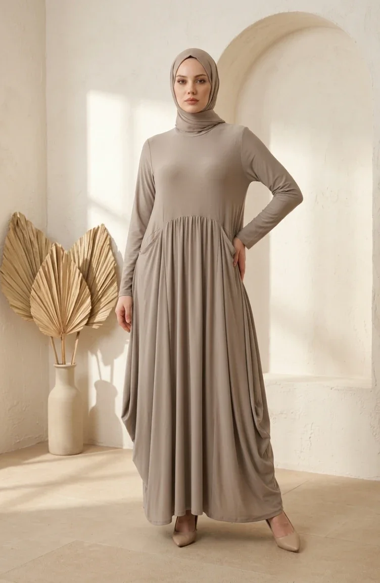 Robe Hijab à Poches En Tissu Sable 5656-02 Vison 5656-02