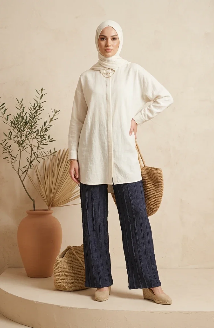 Pantalon En Maille Texturée Avec Taille élastique 0740-02 Indigo 0740-02
