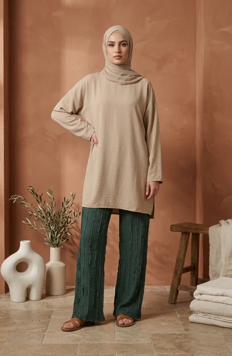 Pantalon En Maille Texturée Avec Taille élastique 0740-03 Kaki 0740-03
