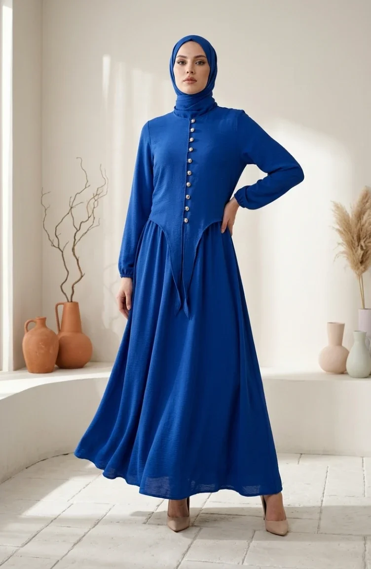 طقم حجاب من قطعتين، مزين بأزرار وأكمام مطاطية، لون كحلي، رقم الموديل 2288-01 2288-01