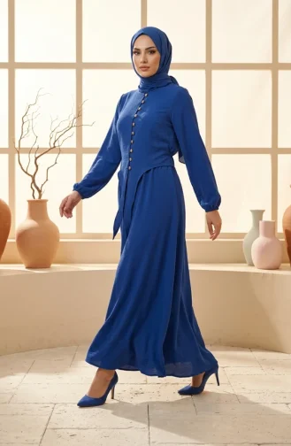 طقم حجاب من قطعتين، مزين بأزرار وأكمام مطاطية، لون كحلي، رقم الموديل 2288-01 2288-01