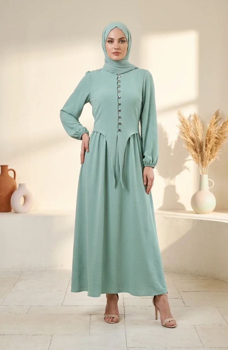 Ensemble Hijab Deux Pièces à Boutons Et Manches élastiquées Vert Clair 2288-02 2288-02