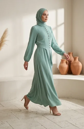 Ensemble Hijab Deux Pièces à Boutons Et Manches élastiquées Vert Clair 2288-02 2288-02