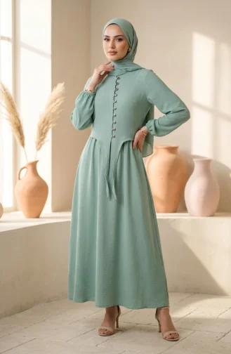 Ensemble Hijab Deux Pièces à Boutons Et Manches élastiquées Vert Clair 2288-02 2288-02