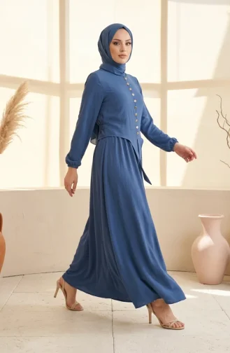طقم حجاب من قطعتين، مزين بأزرار وأكمام مطاطية، رقم الموديل 2288-03، لون نيلي 2288-03