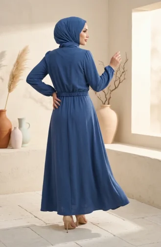طقم حجاب من قطعتين، مزين بأزرار وأكمام مطاطية، رقم الموديل 2288-03، لون نيلي 2288-03