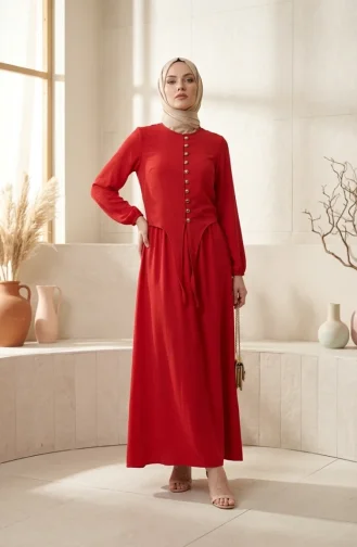 طقم حجاب من قطعتين، مزين بأزرار وأكمام مطاطية، رقم الموديل 2288-04، لون أحمر 2288-04