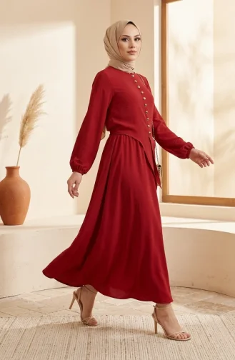 طقم حجاب من قطعتين، مزين بأزرار وأكمام مطاطية، رقم الموديل 2288-04، لون أحمر 2288-04