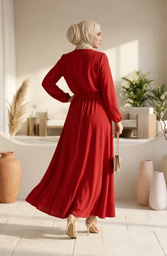 طقم حجاب من قطعتين، مزين بأزرار وأكمام مطاطية، رقم الموديل 2288-04، لون أحمر 2288-04