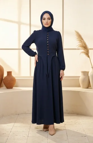 طقم حجاب من قطعتين، مزين بأزرار وأكمام مطاطية، لون كحلي، رقم الموديل 2288-05 2288-05
