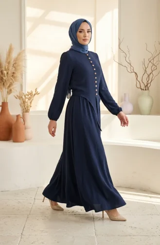 طقم حجاب من قطعتين، مزين بأزرار وأكمام مطاطية، لون كحلي، رقم الموديل 2288-05 2288-05