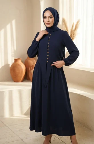 طقم حجاب من قطعتين، مزين بأزرار وأكمام مطاطية، لون كحلي، رقم الموديل 2288-05 2288-05