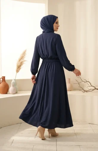 طقم حجاب من قطعتين، مزين بأزرار وأكمام مطاطية، لون كحلي، رقم الموديل 2288-05 2288-05