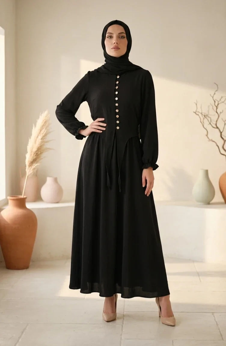 طقم حجاب من قطعتين، مزين بأزرار وأكمام مطاطية، رقم الموديل 2288-06، لون أسود 2288-06